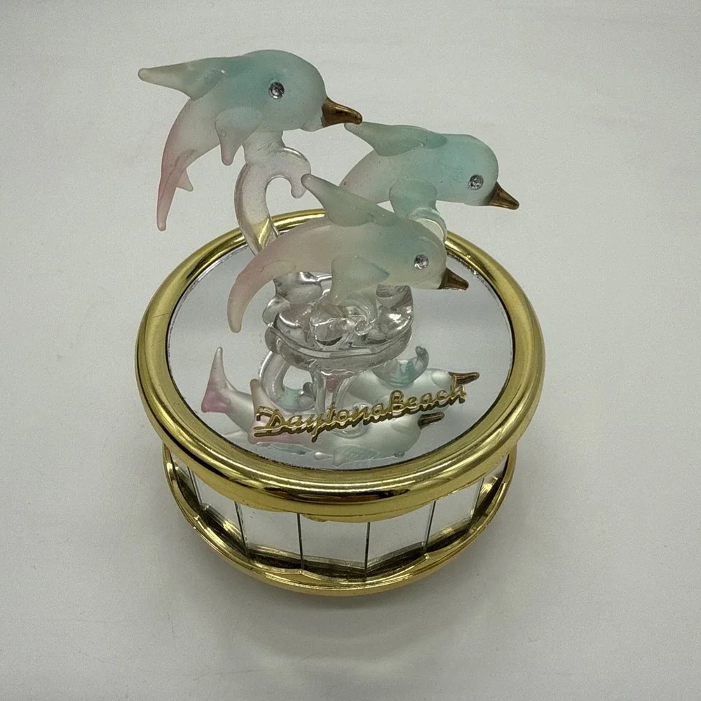 Vintage Glass Dolphin's Music Box Frosted Glass Plays 